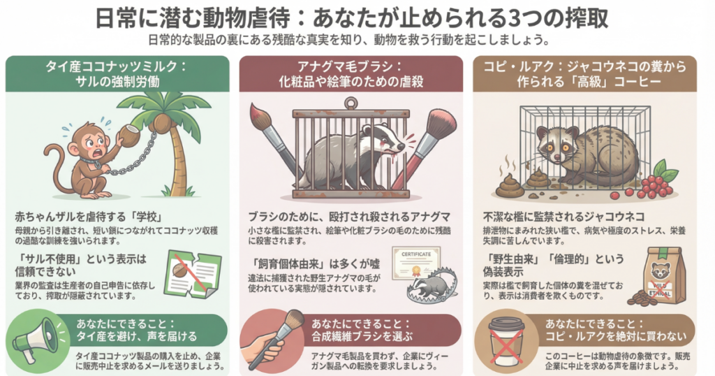 PETAアジアのメールアクション３つ：サル・アナグマ・ジャコウネコを苦しめる産業をやめさせよう