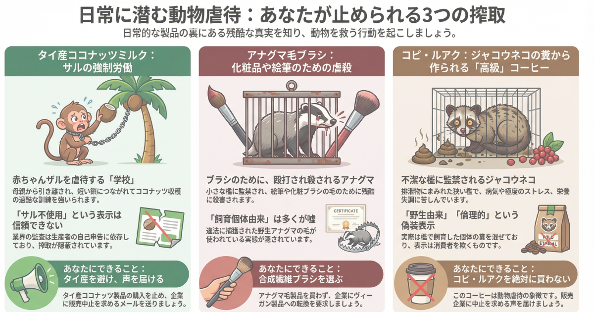 PETAアジアのメールアクション３つ：サル・アナグマ・ジャコウネコを苦しめる産業をやめさせよう